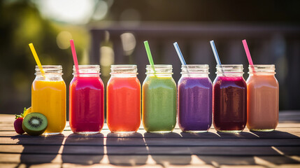 a row of colorful smoothies in mason jars, placed on a rustic outdoor table, garden party setting, late afternoon sunlight creating a bokeh background