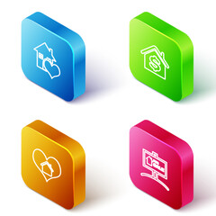 Set Isometric line House with heart shape, dollar, and Hanging sign For Sale icon. Vector