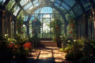 Exotic Greenhouse inside plants. Garden nature. Generate Ai