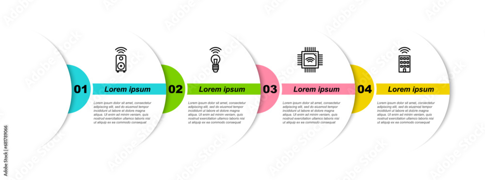 Aufkleber set line smart stereo speaker, light bulb, processor with microcircuits cpu and home wireless. busin