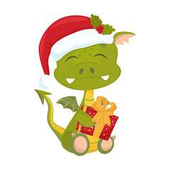 Cute little green dragon with a gift. Red gift box. On a white background. 
