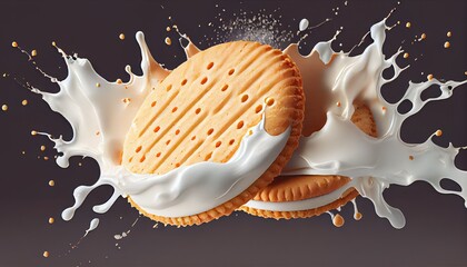 Sandwich cookies flavor milk Splash biscuit cookie food snack round sweet dessert sugar cream baked bakery isolated tasty closeup white filled stack brown background delicious cardboard box - obrazy, fototapety, plakaty