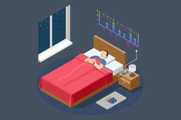 Isometric man relies on gadgets during sleep. An app on a fitness tracker. The tracker monitors both heart rate and sleep quality for diagnostics - obrazy, fototapety, plakaty