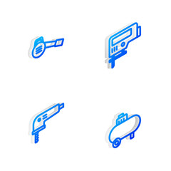 Set Isometric line Electric jigsaw, Leaf garden blower, and Air compressor icon. Vector