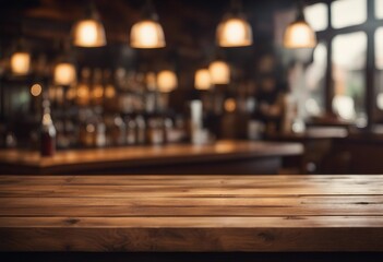 Empty wooden table rustic and blurred background of bar or pub For product display High quality photo