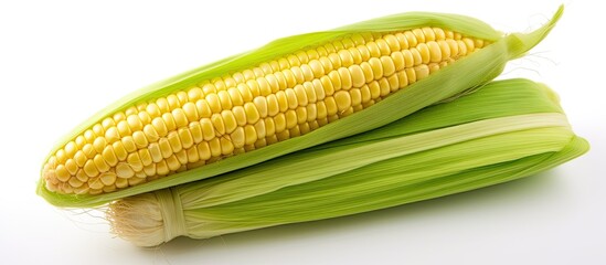 In the bright summer sunshine, a healthy and nutritious ear of ripe sweetcorn stood isolated against a white background, its husk neatly peeled to reveal the golden kernels of grain and its leaf