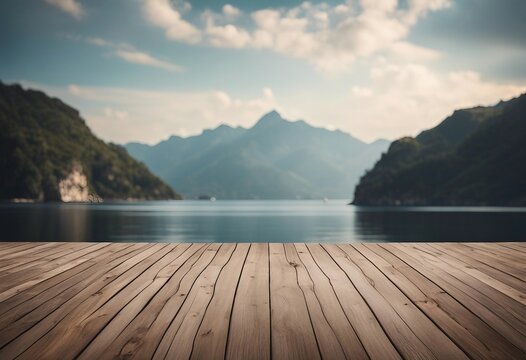 Empty wooden floor for product display montages with sea and mountain background High quality photo © ArtisticLens