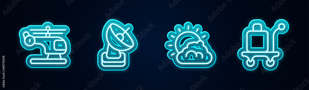 Poster Set line Helicopter, Radar, Sun and cloud weather and Trolley baggage. Glowing neon icon. Vector