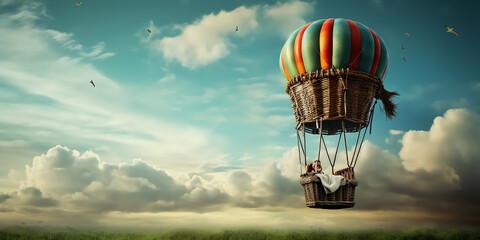 Traditional colorful Hot air balloon flying on fantasy sky - obrazy, fototapety, plakaty