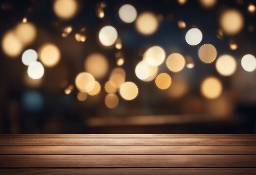 Wooden table in front of blurred background with bokeh lights High quality photo