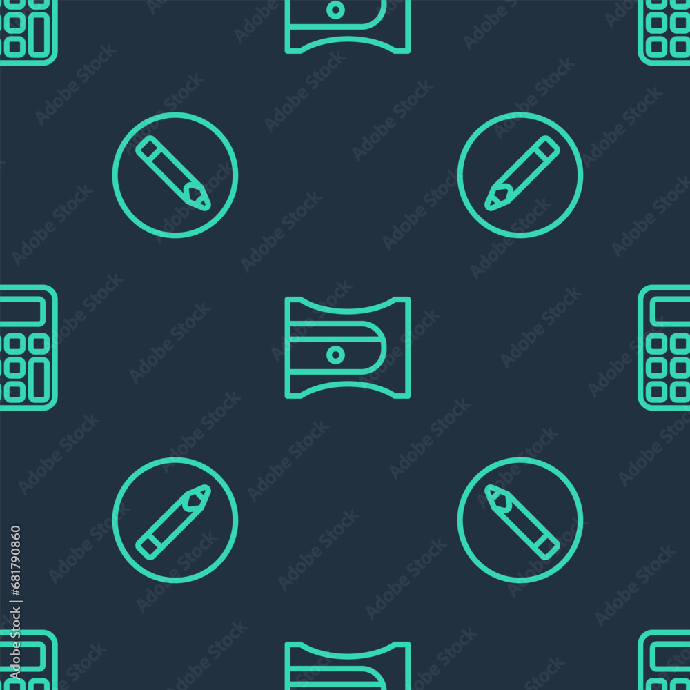 Aufkleber set line pencil sharpener, and calculator on seamless pattern. vector