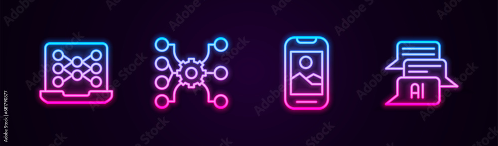 Poster set line neural network, mobile phone and chat bot. glowing neon icon. vector