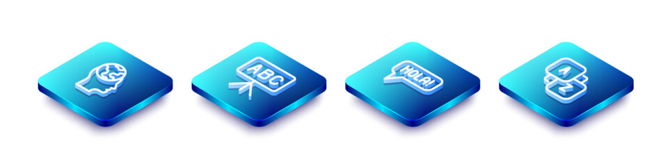 Set Isometric line Learning foreign languages, Chalkboard, Hola different and Vocabulary icon. Vector © vector_v