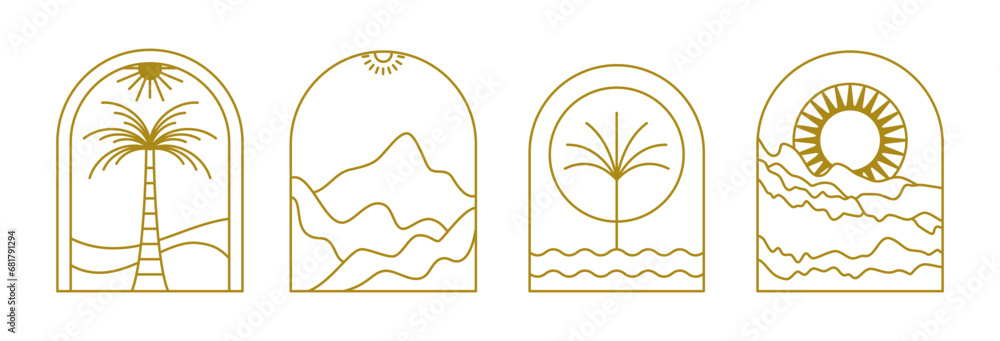 Poster vector illustrations in simple line style, boho abstract prints, simple arcs with natural landscapes
