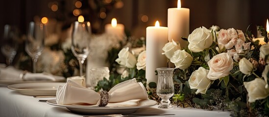 At the vintage wedding celebration, a white rose flower decorated the rustic table set with elegant white plates and candles, creating a romantic ambiance.