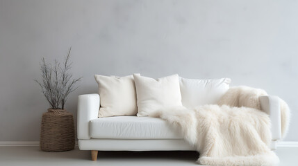 Fototapeta na wymiar Cozy cute sofa with white furry sheepskin fluffy throw and pillows against wall with copy space. Hygge, scandinavian home interior design of modern living room