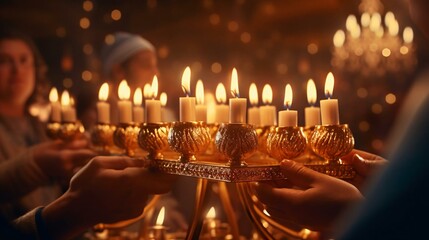 a group of people holding candles - obrazy, fototapety, plakaty
