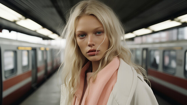 portrait of a swedish model in a metro station
