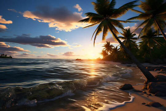Palm trees on the beach at sunset, Beautiful seascape, Ai Generated