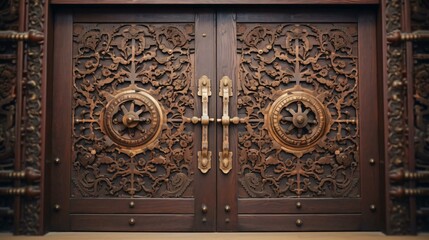 a wood door with a couple of handles and a couple of handles