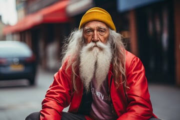 Mature bearded hipster man with long gray beard and mustache in red jacket sitting on the street