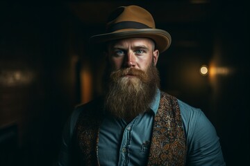 Portrait of a handsome man with a long beard and mustache in a hat