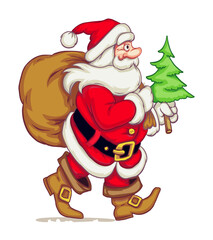 Santa claus walking with sack of gifts and firtree in his hand over snow background. Vector illustration