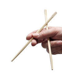 Asian chopsticks held in women hand. No food. No identifiable person. Cut out. PNG