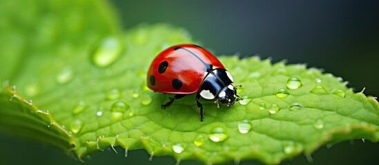 Fototapeta premium In the heart of summer, amidst the vibrant colors of nature, a mesmerizing sight awaits. A red and colorful ladybug perches on a leaf, its iridescent beauty blending perfectly with the natural hues of
