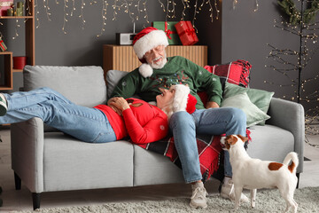 Obraz premium Happy mature couple with cute dog resting at home on Christmas eve