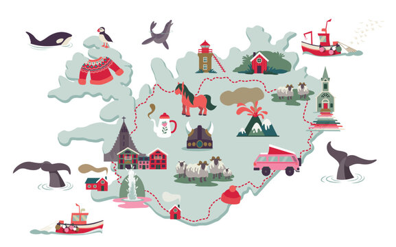 Map of iceland with pictos and symbols of the culture. Vector illustration, separated items. Whales, horses, cities, boats, road trip.