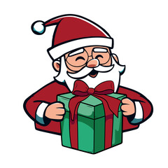 Santa with big present. Happy santa and holiday giftbox with ribbon isolated on white background. Vector illustration. 