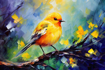 Yellow Bird Sitting on Summer Branch Painting. Canvas Texture, Brush Strokes.