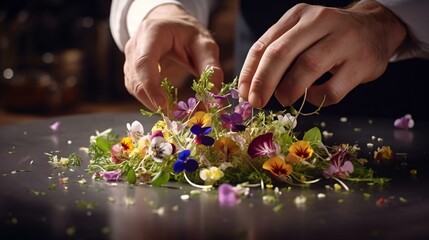 a person placing flowers in a bouquet