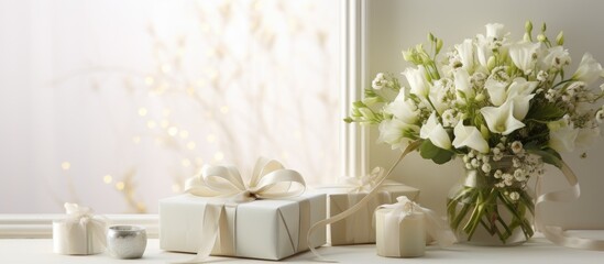 In a beautifully decorated interior, a white floral wedding table concept showcased a stunning frame with a ribbon, a gift box, and a card - a perfect holiday present for the bride.