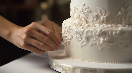 a person putting a wedding cake on a table