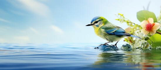 In the tranquil atmosphere of the isolated white background, a cute green and blue bird with a multi-colored feather hops near the transparent water, showcasing the beauty of nature and the vibrant