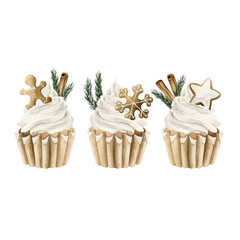 Set of 3 christmas cupcakes with cinnamon, pine branches, star anise, gingerbread cookies. Watercolor illustration