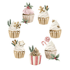 Set of 7 christmas cupcakes with cream, candy cane, holly, pine branches, cinnamon, gingerbread cookies and stars anise.