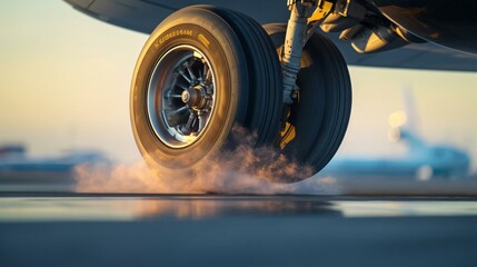 a close-up of a airplane wheel - obrazy, fototapety, plakaty