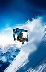 Snowboarder launching off a jump, slitting man on ice mountain flying on air   