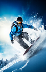 Fototapeta na wymiar Snowboarder launching off a jump, slitting man on ice mountain flying on air 
