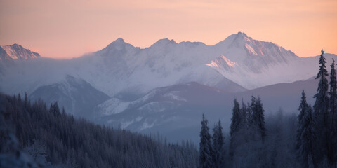 High Mountains At Far, Beautiful Panoramic Mountain View At Sunrise, generative ai