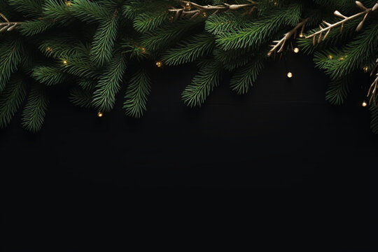 Christmas composition of fir tree branches on black background