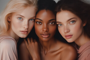 The photo features three young women with diverse skin tones, close together, showcasing beauty and diversity.