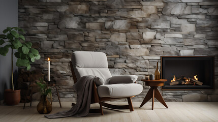 Fototapeta na wymiar A recliner chair in room with stone wall and fireplace. Mid-century, scandinavian home interior design of modern living room