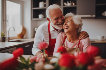Elderly couple laughing together in a kitchen with red tulips on the table.