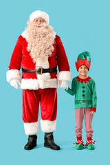 Santa Claus and cute little elf holding hands on blue background