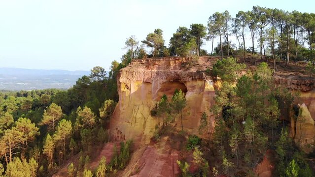 Aerial drone view of famous Ocre path through large ochre deposits in Roussillon, Provence, France