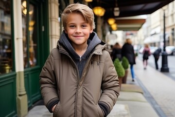 Portrait of a smiling boy in a coat on a city street